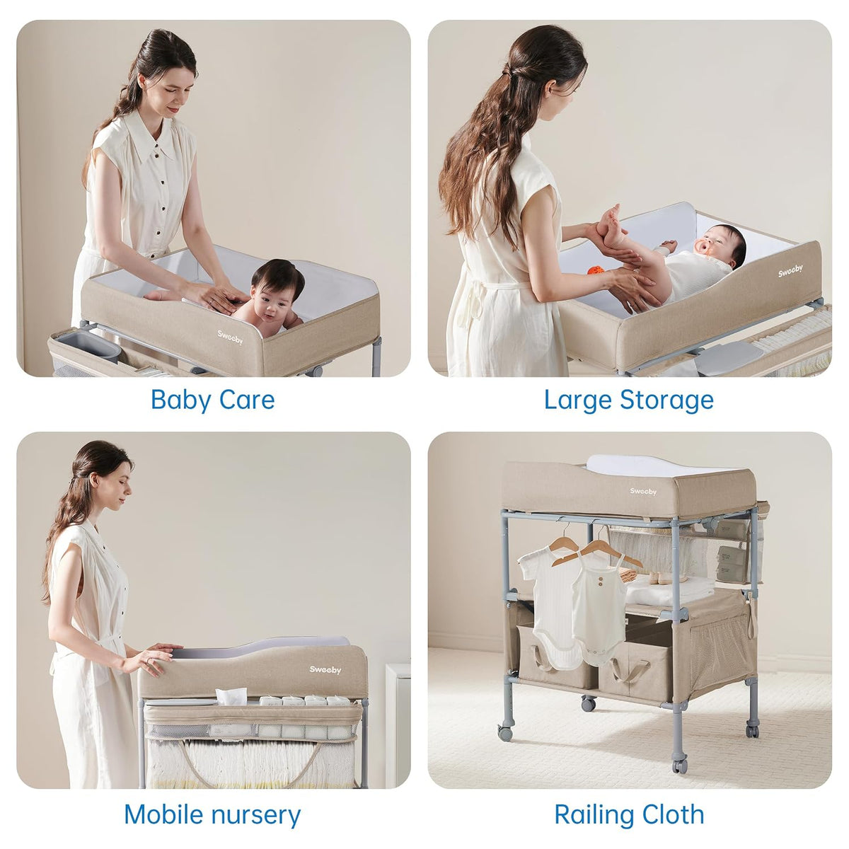 Portable Baby Changing Table, Foldable Changing Table Dresser Changing Station for Infant, Waterproof Diaper Changing Table Pad Topper, Mobile Nursery Organizer for Newborn Essentials,LightGrey