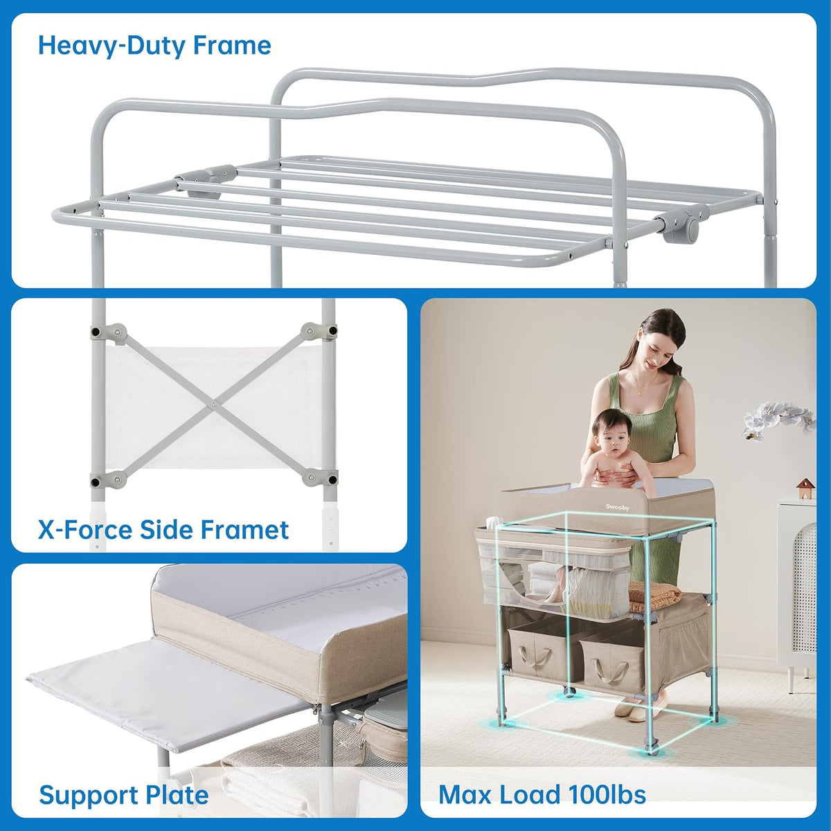 Portable Baby Changing Table, Foldable Changing Table Dresser Changing Station for Infant, Waterproof Diaper Changing Table Pad Topper, Mobile Nursery Organizer for Newborn Essentials,LightGrey