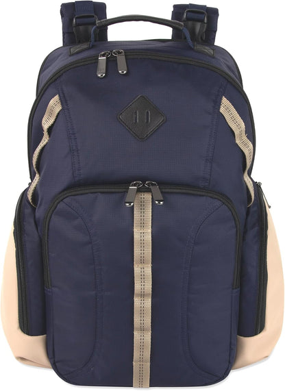 Baby Essentials Super Cooler Two Compartment Diaper Bag Backpack with Changing Pad, Stroller Straps, Insulated Bottle Compartment (Navy/Tan)