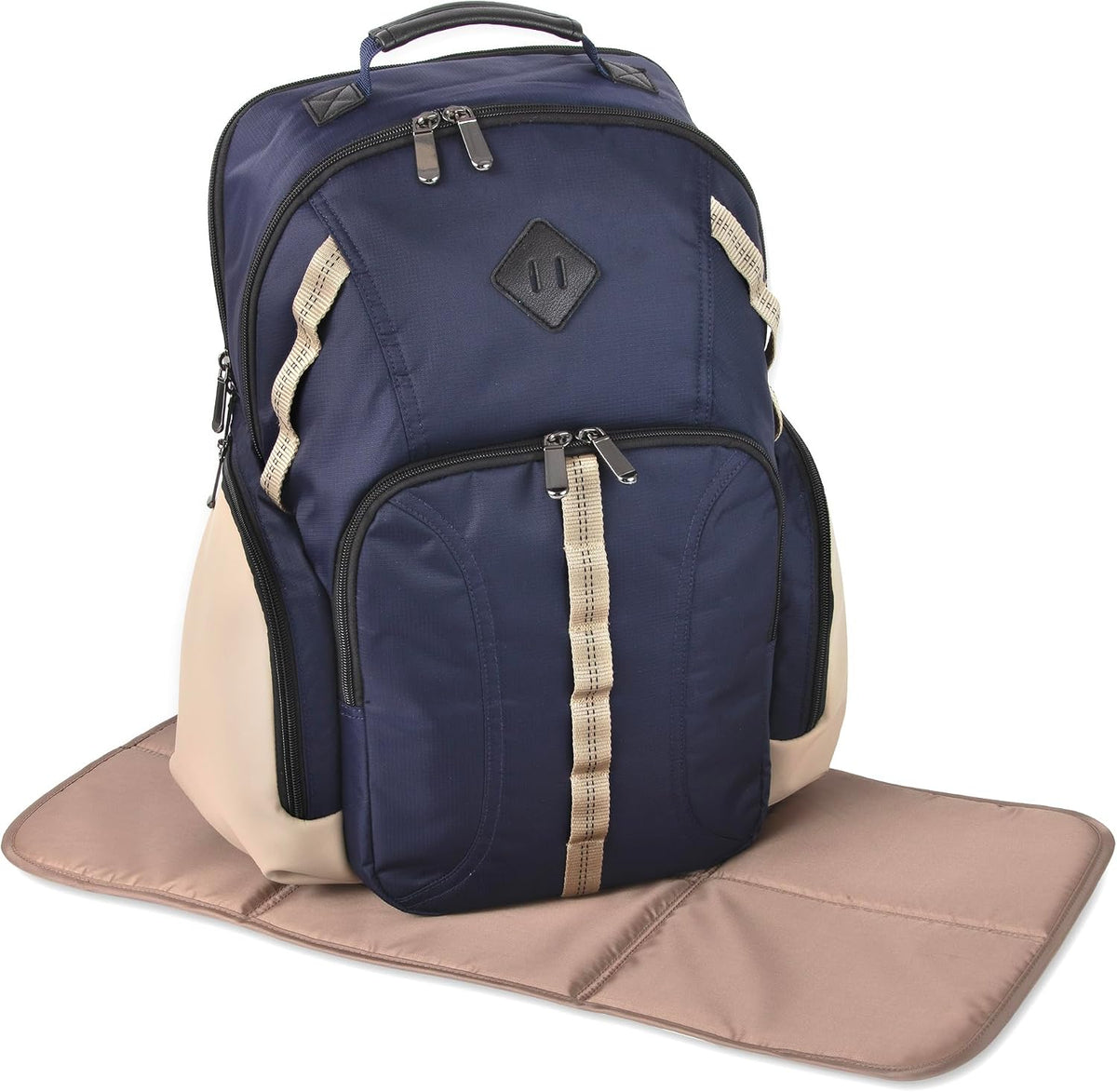 Baby Essentials Super Cooler Two Compartment Diaper Bag Backpack with Changing Pad, Stroller Straps, Insulated Bottle Compartment (Navy/Tan)
