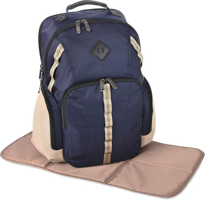Baby Essentials Super Cooler Two Compartment Diaper Bag Backpack with Changing Pad, Stroller Straps, Insulated Bottle Compartment (Navy/Tan)