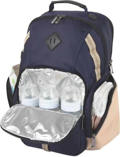 Baby Essentials Super Cooler Two Compartment Diaper Bag Backpack with Changing Pad, Stroller Straps, Insulated Bottle Compartment (Navy/Tan)