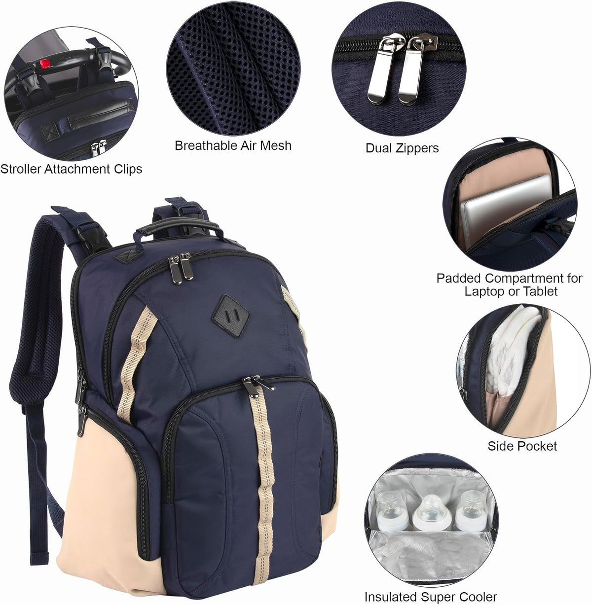 Baby Essentials Super Cooler Two Compartment Diaper Bag Backpack with Changing Pad, Stroller Straps, Insulated Bottle Compartment (Navy/Tan)