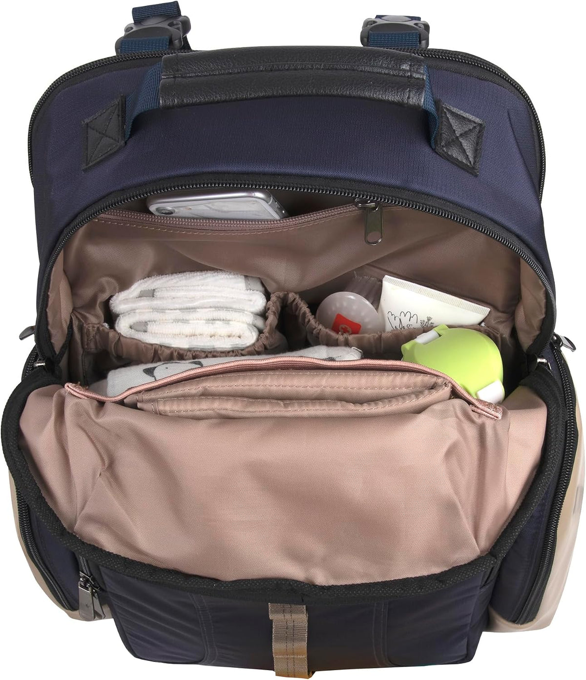 Baby Essentials Super Cooler Two Compartment Diaper Bag Backpack with Changing Pad, Stroller Straps, Insulated Bottle Compartment (Navy/Tan)