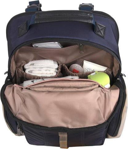 Baby Essentials Super Cooler Two Compartment Diaper Bag Backpack with Changing Pad, Stroller Straps, Insulated Bottle Compartment (Navy/Tan)