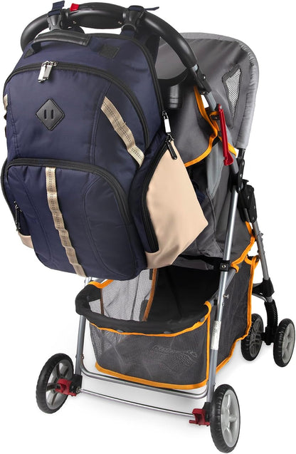 Baby Essentials Super Cooler Two Compartment Diaper Bag Backpack with Changing Pad, Stroller Straps, Insulated Bottle Compartment (Navy/Tan)
