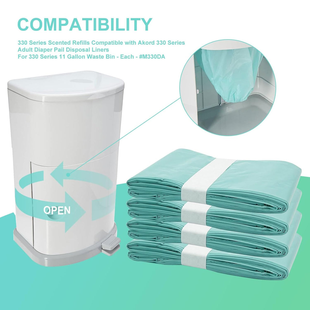 Diaper Pail Liner Refills Bags Compatible with Janibell Akord 330 Series Adult Diaper System, Green, Lightly Scented, 8 Count