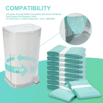 Diaper Pail Liner Refills Bags Compatible with Janibell Akord 330 Series Adult Diaper System, Green, Lightly Scented, 8 Count
