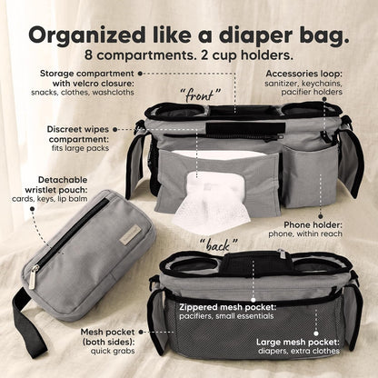 Stroller Organizer Bag, Stroller Caddy, Cup Holder (Matte Black)