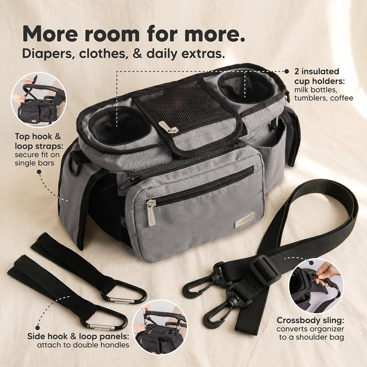 Stroller Organizer Bag, Stroller Caddy, Cup Holder (Matte Black)