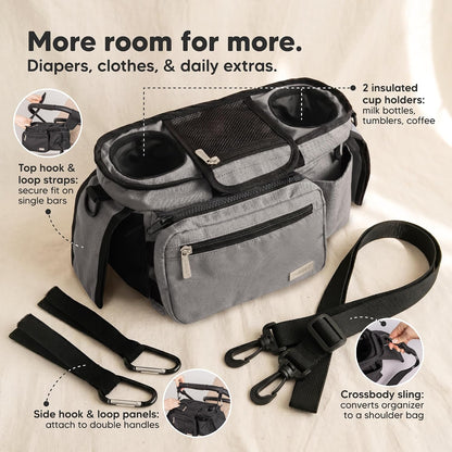 Stroller Organizer Bag, Stroller Caddy, Cup Holder (Matte Black)