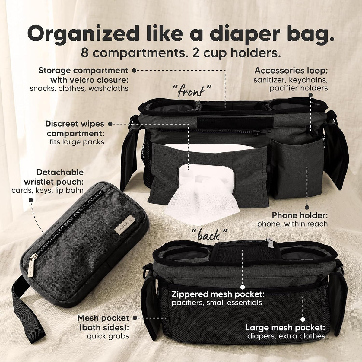 Stroller Organizer Bag, Stroller Caddy, Cup Holder (Matte Black)