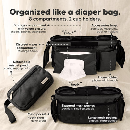 Stroller Organizer Bag, Stroller Caddy, Cup Holder (Matte Black)
