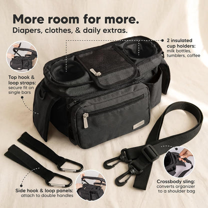 Stroller Organizer Bag, Stroller Caddy, Cup Holder (Matte Black)