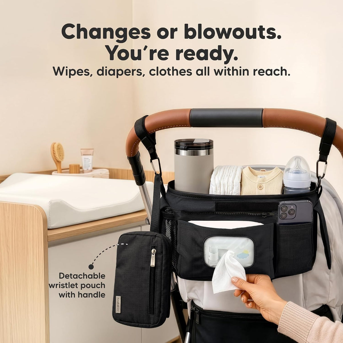Stroller Organizer Bag, Stroller Caddy, Cup Holder (Matte Black)