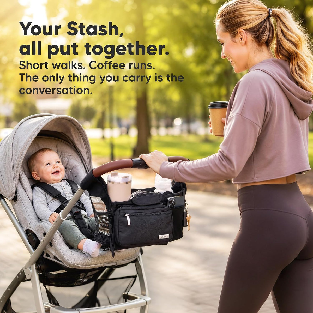 Stroller Organizer Bag, Stroller Caddy, Cup Holder (Matte Black)
