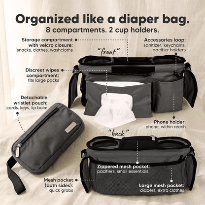 Stroller Organizer Bag, Stroller Caddy, Cup Holder (Matte Black)