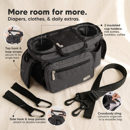 Stroller Organizer Bag, Stroller Caddy, Cup Holder (Matte Black)