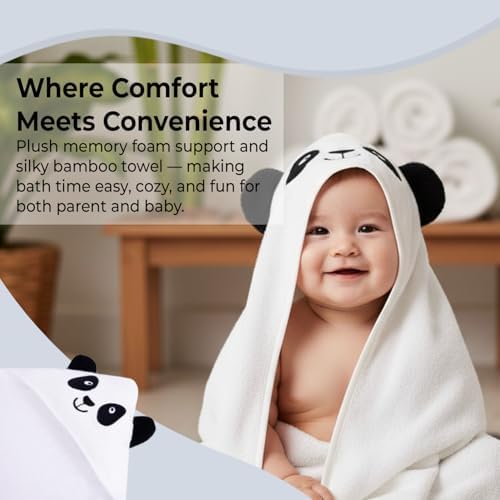 Gray Bath Kneeler & Elbow Rest Pad Set with Baby Bath Towel, Hooded, Panda