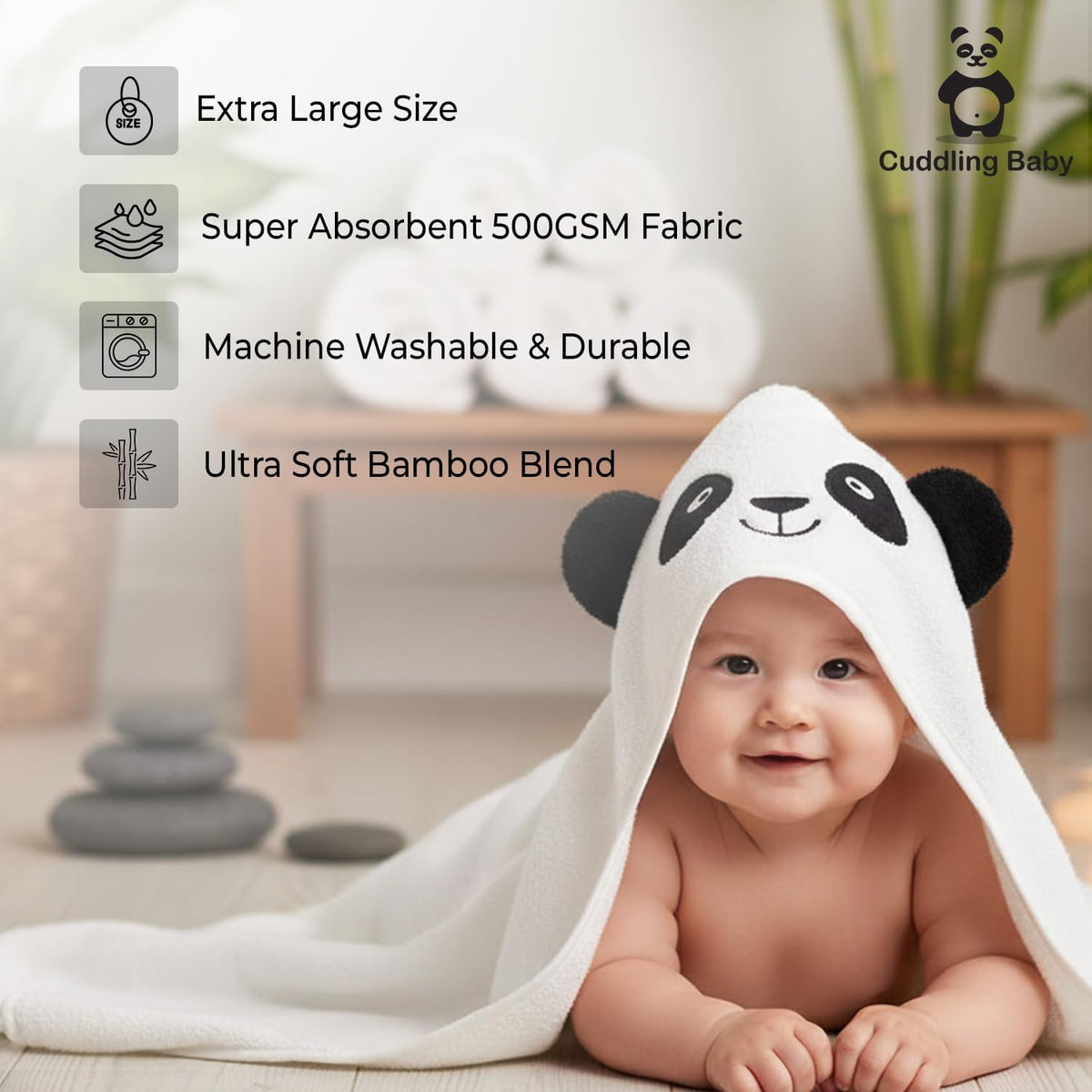 Gray Bath Kneeler & Elbow Rest Pad Set with Baby Bath Towel, Hooded, Panda