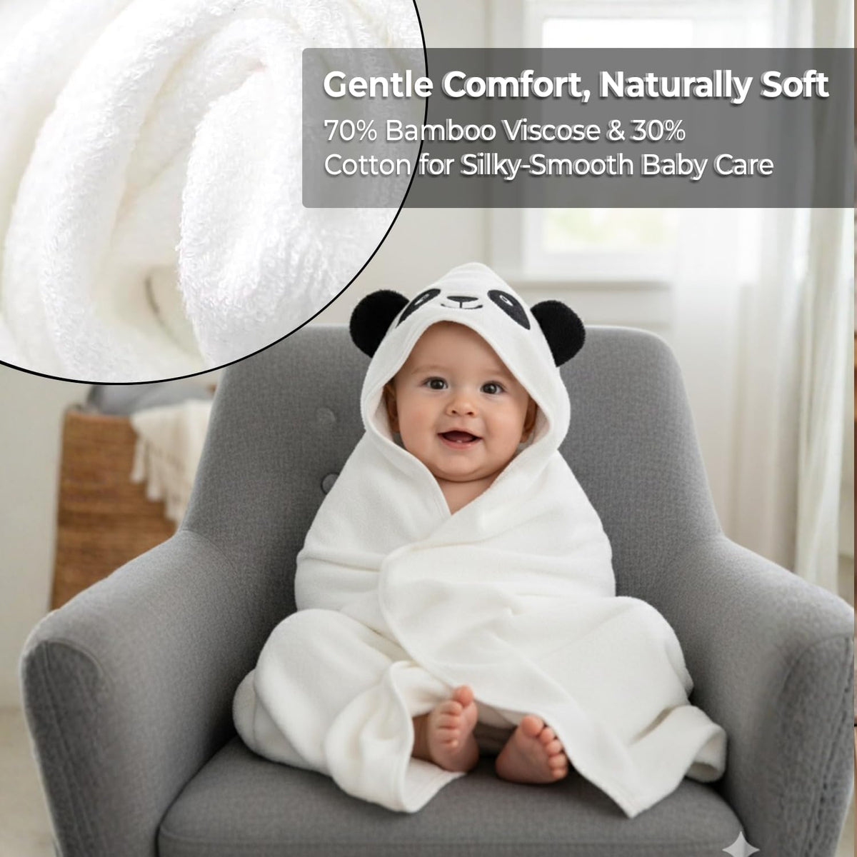 Gray Bath Kneeler & Elbow Rest Pad Set with Baby Bath Towel, Hooded, Panda
