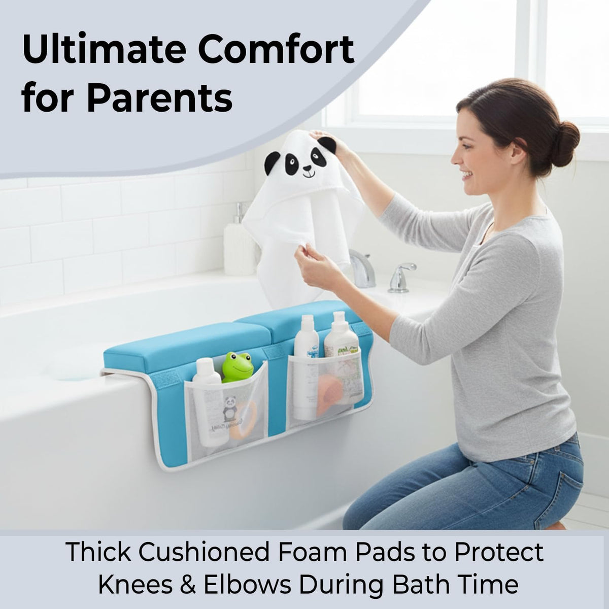 Gray Bath Kneeler & Elbow Rest Pad Set with Baby Bath Towel, Hooded, Panda