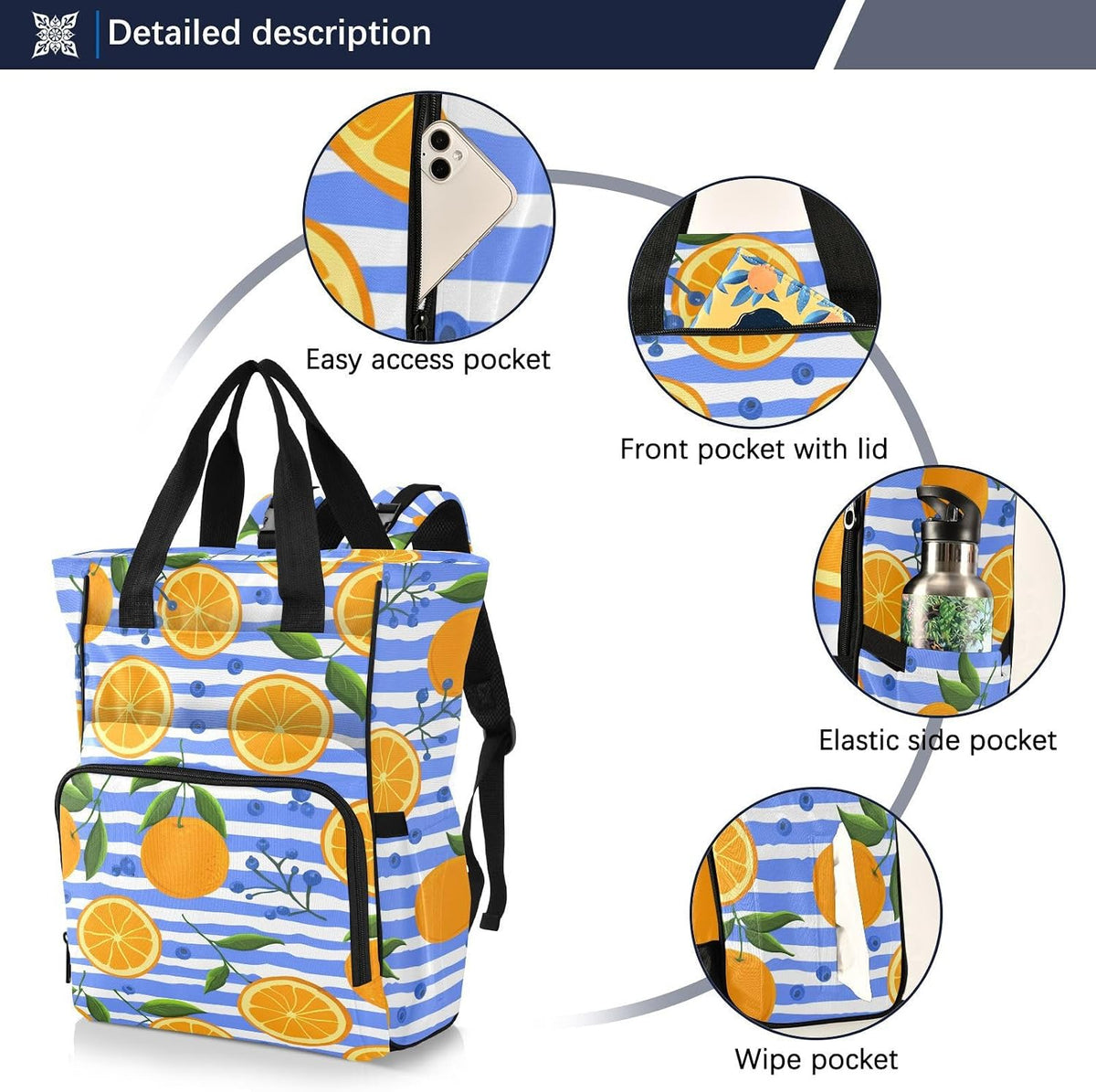 Diaper Bag Backpack, Multifunction Travel Bag for Moms Dads, Baby Changing Bag with Insulted Pockets, Stroller Straps and Side Bottle Pockets Sunburst Citrus Pattern