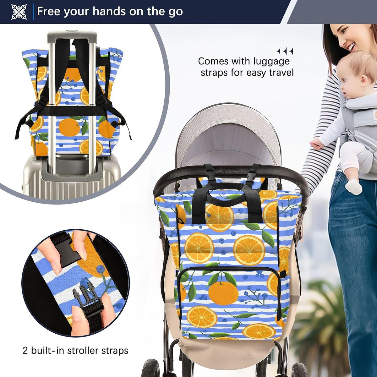 Diaper Bag Backpack, Multifunction Travel Bag for Moms Dads, Baby Changing Bag with Insulted Pockets, Stroller Straps and Side Bottle Pockets Sunburst Citrus Pattern
