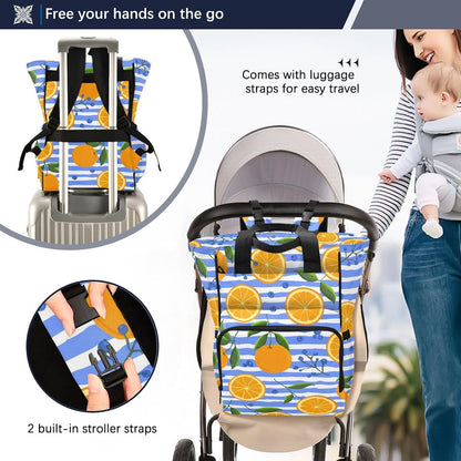 Diaper Bag Backpack, Multifunction Travel Bag for Moms Dads, Baby Changing Bag with Insulted Pockets, Stroller Straps and Side Bottle Pockets Sunburst Citrus Pattern