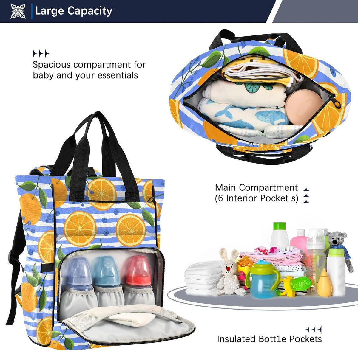 Diaper Bag Backpack, Multifunction Travel Bag for Moms Dads, Baby Changing Bag with Insulted Pockets, Stroller Straps and Side Bottle Pockets Sunburst Citrus Pattern