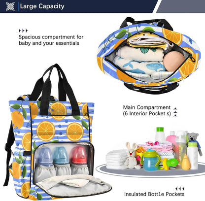 Diaper Bag Backpack, Multifunction Travel Bag for Moms Dads, Baby Changing Bag with Insulted Pockets, Stroller Straps and Side Bottle Pockets Sunburst Citrus Pattern