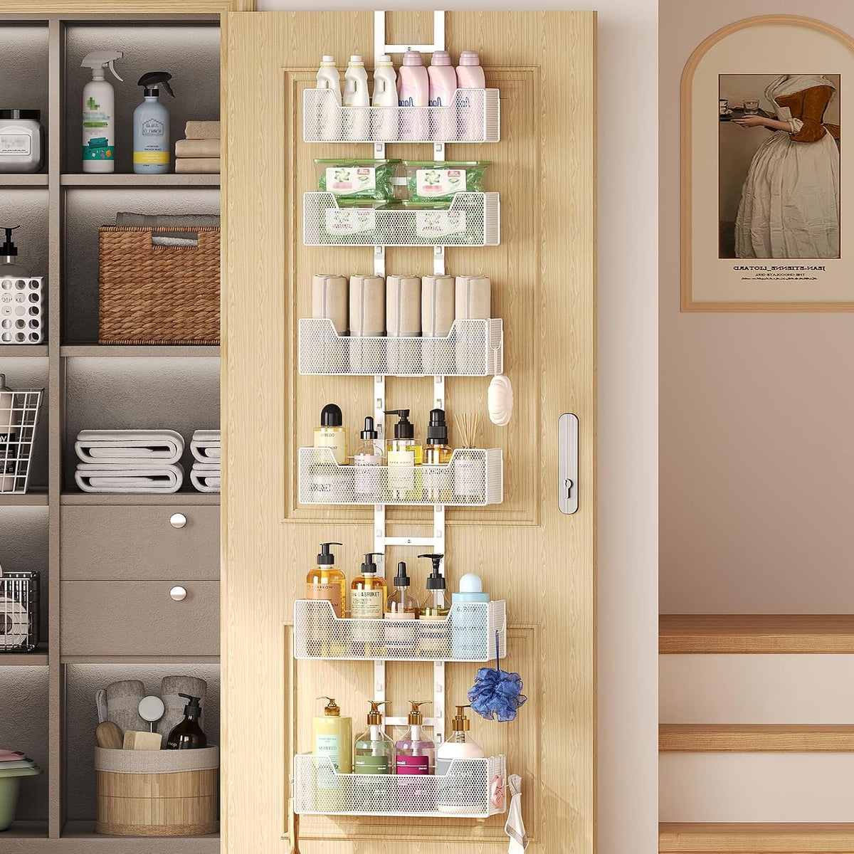 Adjustable Over The Door Organizer, Metal Hanging Door Organizer with 6 Baskets and 5 Hooks, Behind The Door Storage for Closet Pantry Cabinet Kitchen Bathroom, White