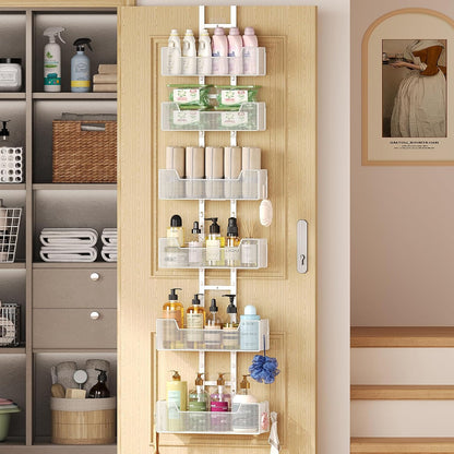 Adjustable Over The Door Organizer, Metal Hanging Door Organizer with 6 Baskets and 5 Hooks, Behind The Door Storage for Closet Pantry Cabinet Kitchen Bathroom, White