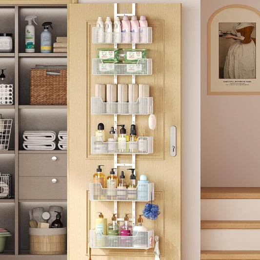 Adjustable Over The Door Organizer, Metal Hanging Door Organizer with 6 Baskets and 5 Hooks, Behind The Door Storage for Closet Pantry Cabinet Kitchen Bathroom, White