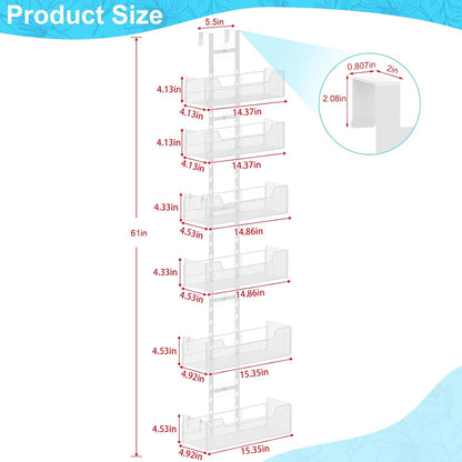 Adjustable Over The Door Organizer, Metal Hanging Door Organizer with 6 Baskets and 5 Hooks, Behind The Door Storage for Closet Pantry Cabinet Kitchen Bathroom, White