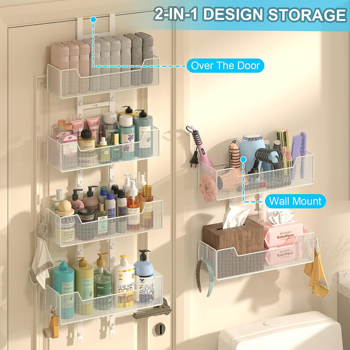 Adjustable Over The Door Organizer, Metal Hanging Door Organizer with 6 Baskets and 5 Hooks, Behind The Door Storage for Closet Pantry Cabinet Kitchen Bathroom, White