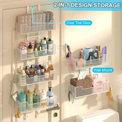 Adjustable Over The Door Organizer, Metal Hanging Door Organizer with 6 Baskets and 5 Hooks, Behind The Door Storage for Closet Pantry Cabinet Kitchen Bathroom, White