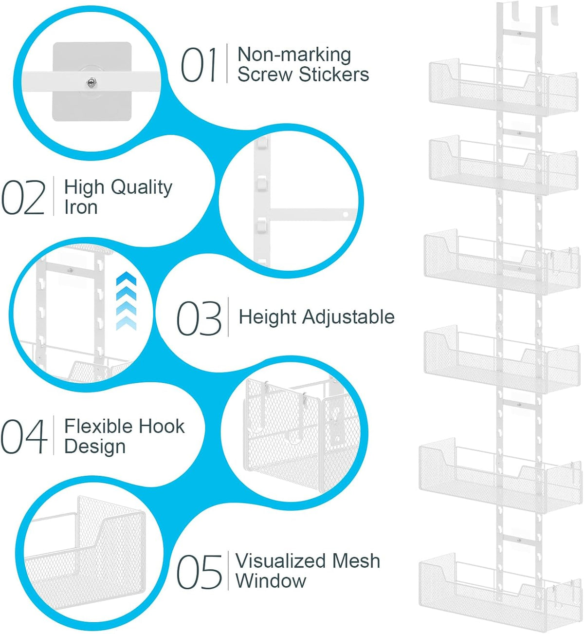 Adjustable Over The Door Organizer, Metal Hanging Door Organizer with 6 Baskets and 5 Hooks, Behind The Door Storage for Closet Pantry Cabinet Kitchen Bathroom, White