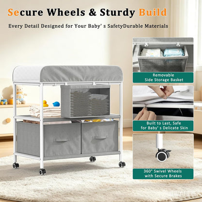 Baby Changing Table, Portable Diaper Changing Station, Changing Table with Wheels, Waterproof Changing Pad, Removable Storage Baskets & Safety Belt, Mobile Nursery Organizer for Newborns