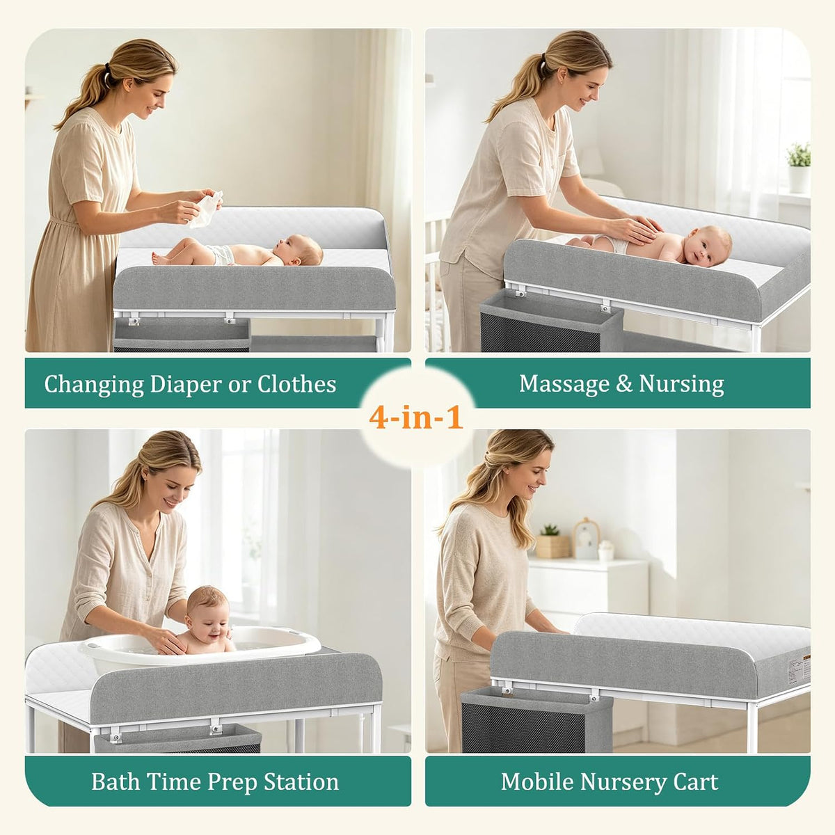 Baby Changing Table, Portable Diaper Changing Station, Changing Table with Wheels, Waterproof Changing Pad, Removable Storage Baskets & Safety Belt, Mobile Nursery Organizer for Newborns