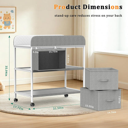 Baby Changing Table, Portable Diaper Changing Station, Changing Table with Wheels, Waterproof Changing Pad, Removable Storage Baskets & Safety Belt, Mobile Nursery Organizer for Newborns