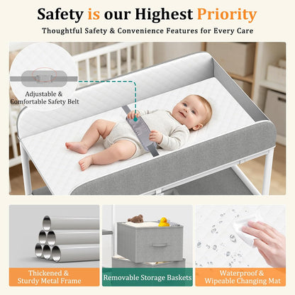 Baby Changing Table, Portable Diaper Changing Station, Changing Table with Wheels, Waterproof Changing Pad, Removable Storage Baskets & Safety Belt, Mobile Nursery Organizer for Newborns