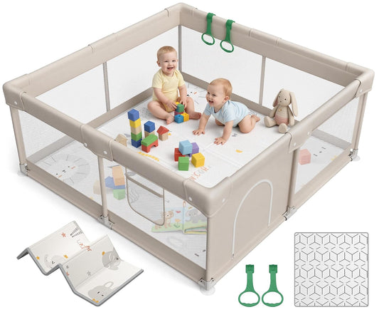 47x47in Baby Playpen with mat, Play Yard for Babies Toddlers, Grey
