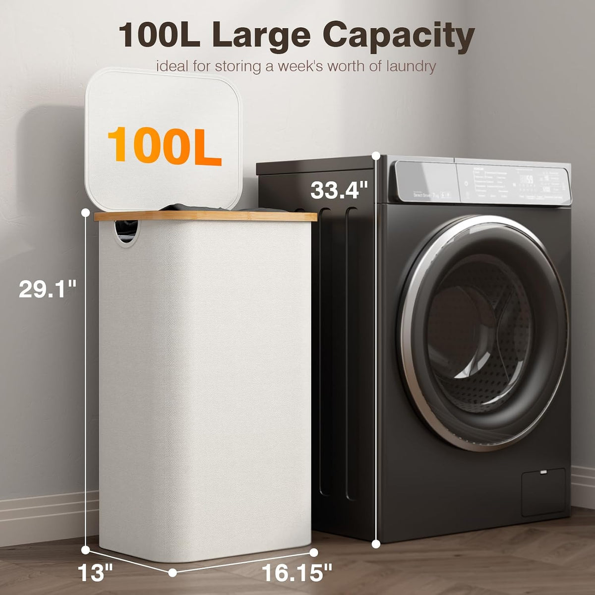 160L Laundry Hamper with Lid, 3 Section Laundry Basket with 3 Removable Bag