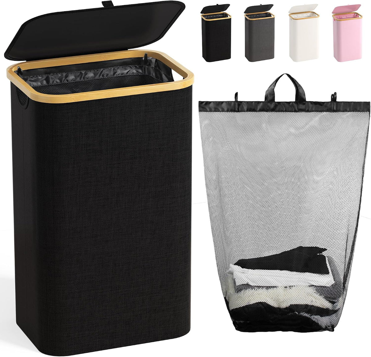 160L Laundry Hamper with Lid, 3 Section Laundry Basket with 3 Removable Bag