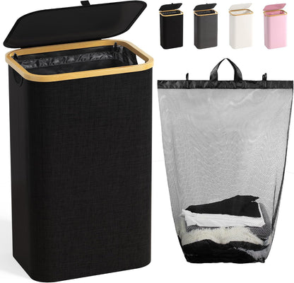 160L Laundry Hamper with Lid, 3 Section Laundry Basket with 3 Removable Bag