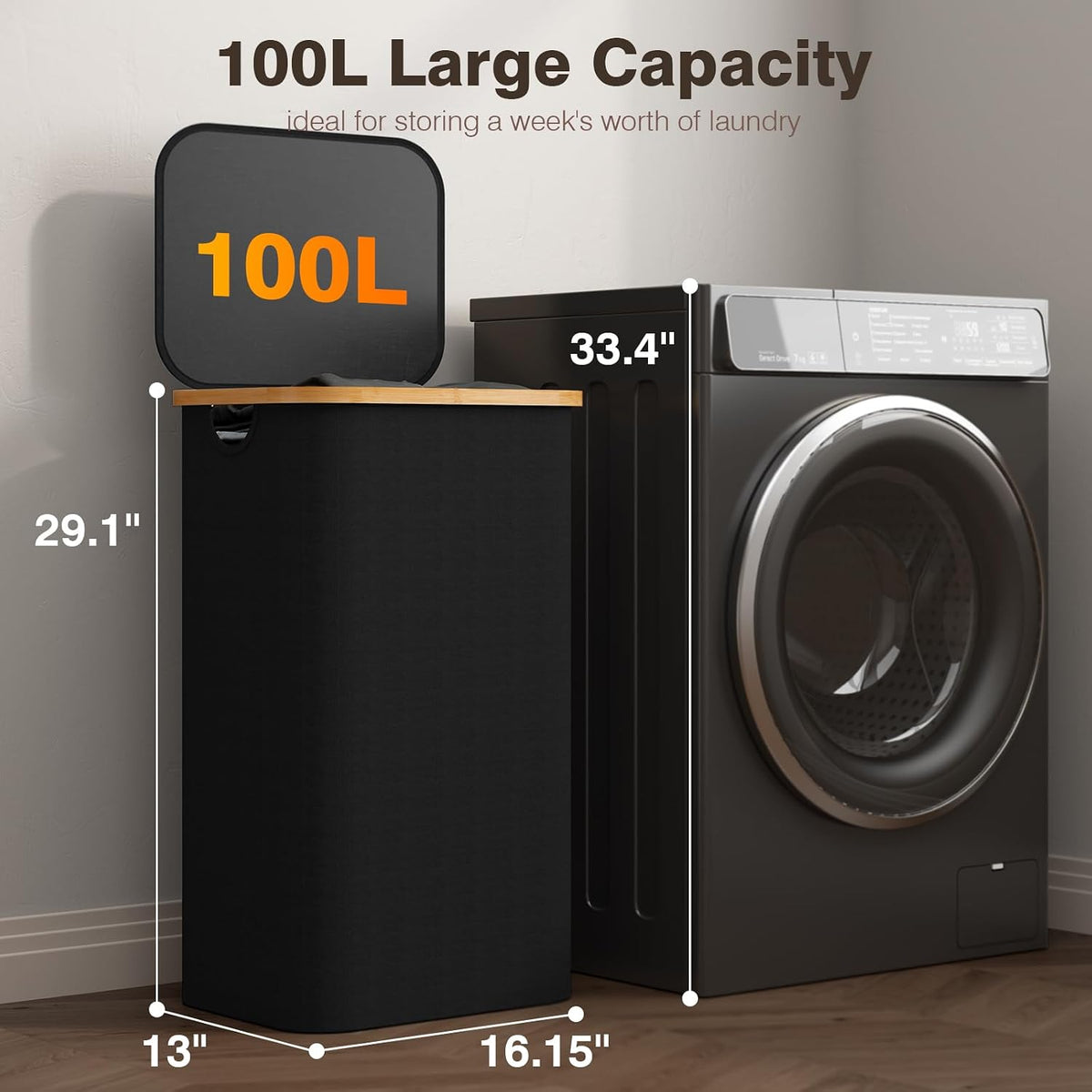 160L Laundry Hamper with Lid, 3 Section Laundry Basket with 3 Removable Bag