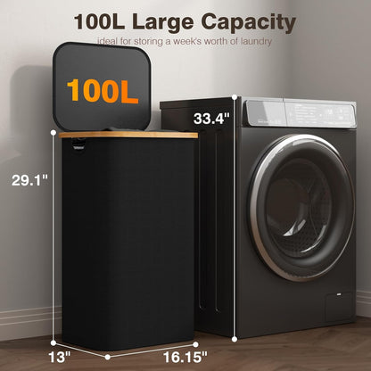 160L Laundry Hamper with Lid, 3 Section Laundry Basket with 3 Removable Bag