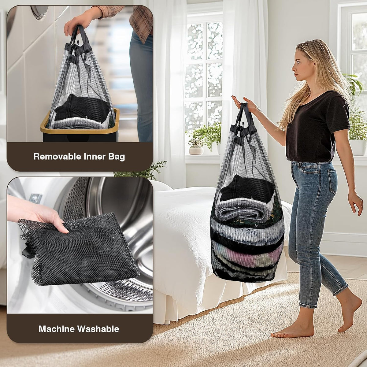 160L Laundry Hamper with Lid, 3 Section Laundry Basket with 3 Removable Bag
