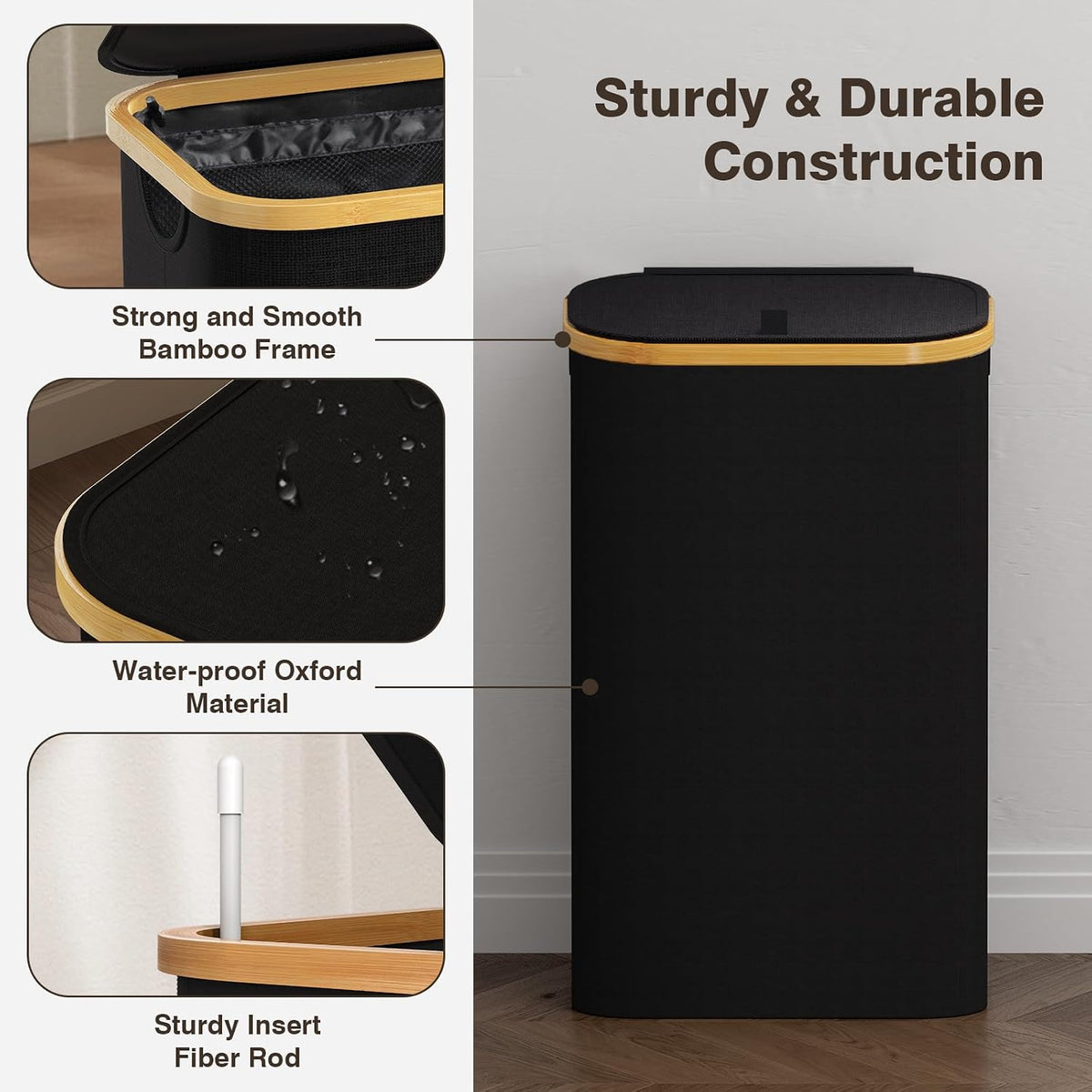 160L Laundry Hamper with Lid, 3 Section Laundry Basket with 3 Removable Bag